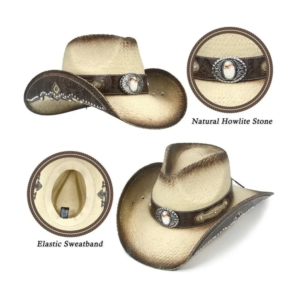 Cowboy Hats for Women and Men Straw Western Hat Embroidered Medium-Large Tan